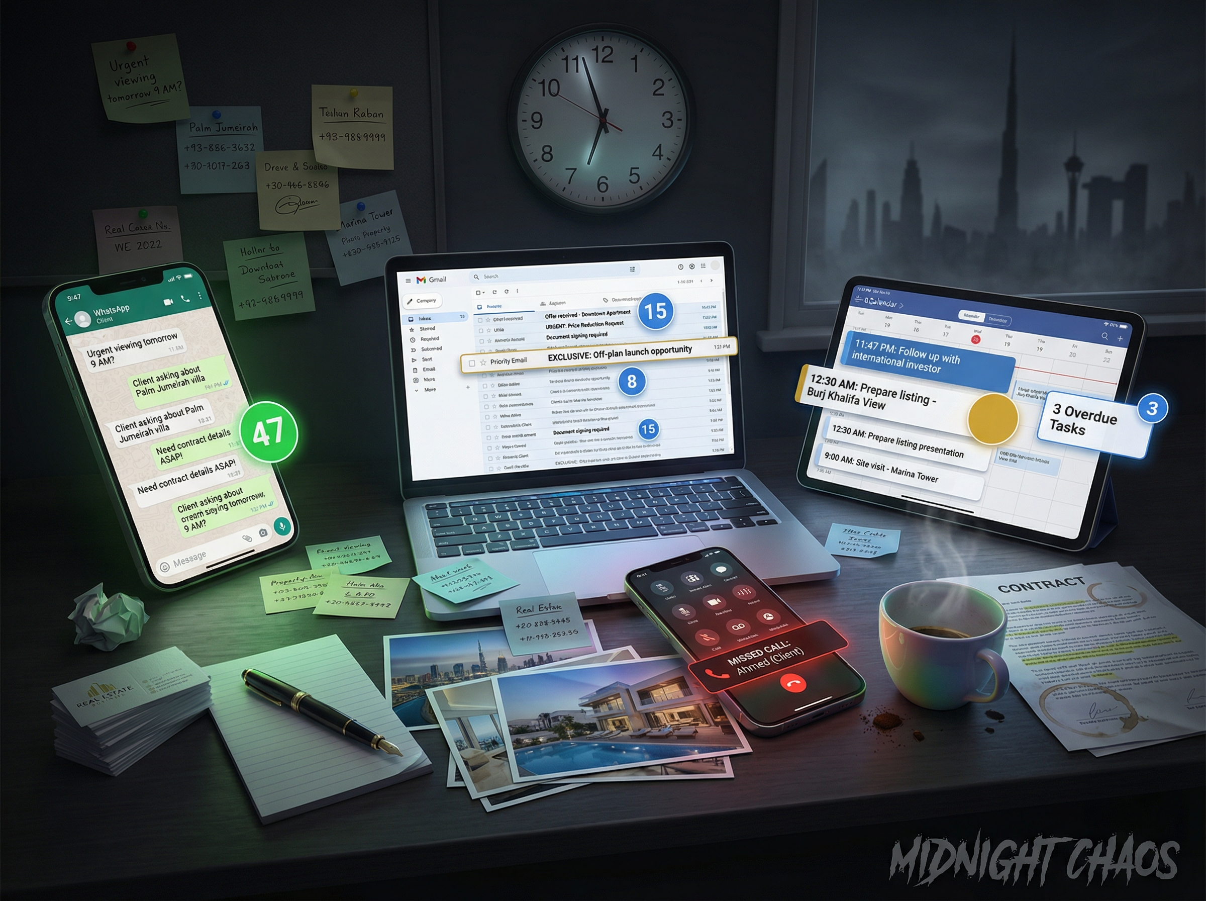 Stressed agent juggling multiple phones and devices, representing constant availability pressure