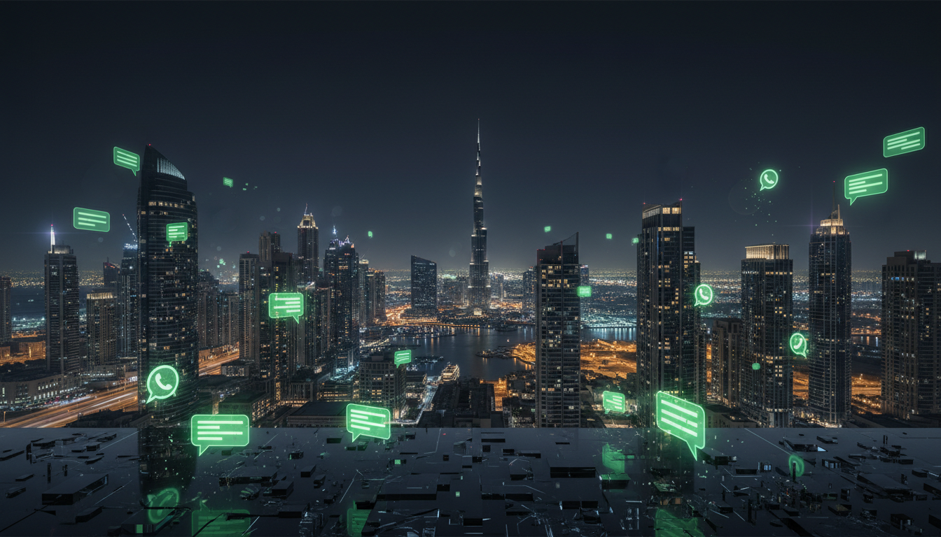 Dubai skyline with WhatsApp messages overlay